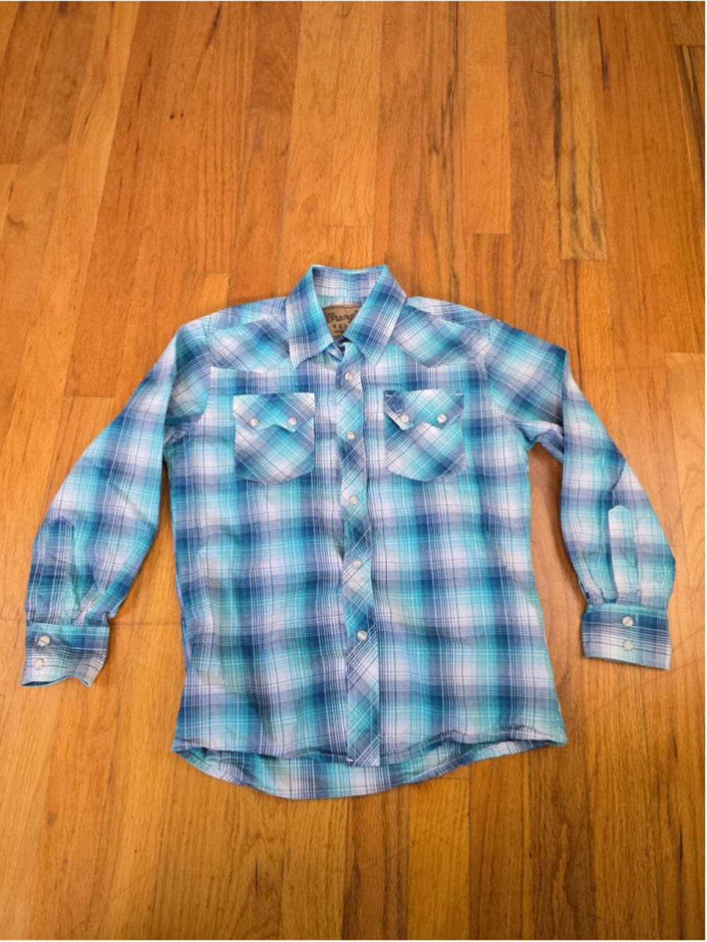 Boy's Wrangler Retro Western Button Down Shirt, Size M, Blue Plaid